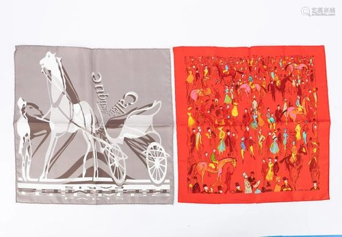 TWO HERMES SILK SCARVES, HORSE MOTIF