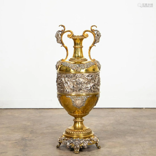 L. 19TH C. SILVER & GOLD PLATE ON COPPER URN