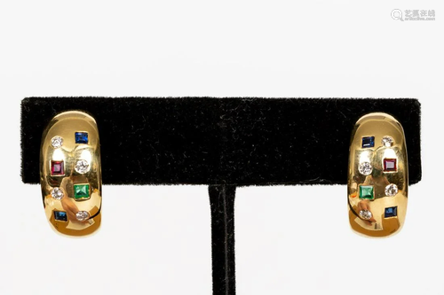 PAIR, 18K YELLOW GOLD & MULTI-STONE EARRINGS