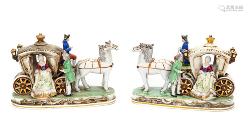 PAIR, CONTINENTAL PORCELAIN HORSE & CARRIAGES