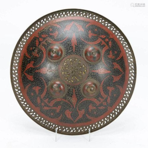 19TH C. RED AND BLACK ENAMELED PERSIAN SHIELD