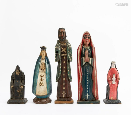 5 PCS, POLYCHROMED CARVED WOOD SANTOS FIGURES