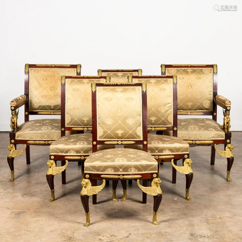 SET, 6 EMPIRE REVIVAL ORMOLU MOUNTED SALON CHAIRS