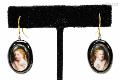 PAIR, VICTORIAN MINIATURE PORTRAIT DROP EARRINGS