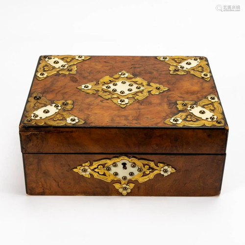 MID-19TH C. BRASS BOUND BURL WALNUT BOX