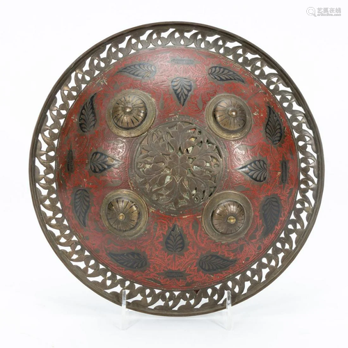 19TH C. PERSIAN CONVEX RED ENAMELED SHIELD