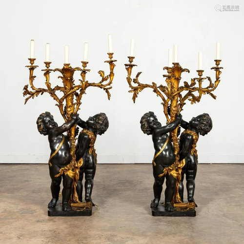 PAIR, GILT & PATINATED BRONZE CHERUB CANDELABRA