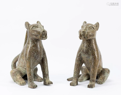 PAIR OF BRONZE BENIN STYLE CAT SCULPTURES