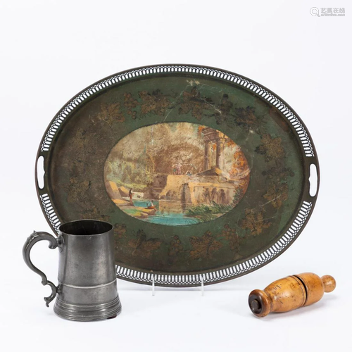 19TH C. TOLE TRAY, PEWTER TANKARD & WOODEN ARTICLE