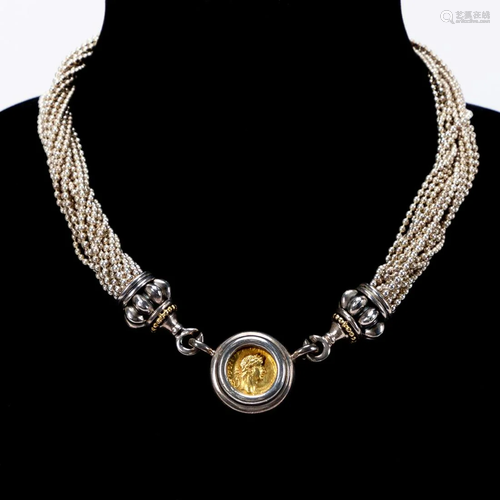 ITALIAN MULTI-STRAND SILVER NECKLACE, ROMAN COIN