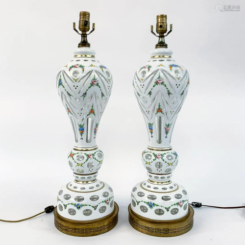 PAIR, BOHEMIAN WHITE FLORAL CASED GLASS LAMPS