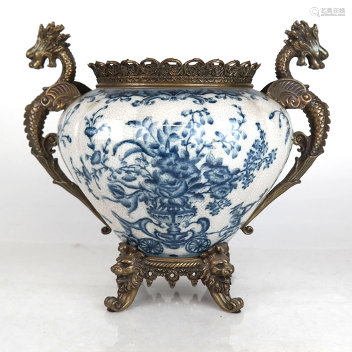 Chinese Blue & White Porcelain & Ormolu Planter