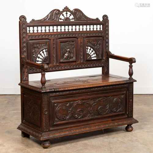 FRENCH BRETON FIGURAL CARVED OAK HALL SETTLE