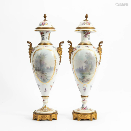 PR., SEVRES STYLE SIGNED HAND-PAINTED FIGURAL URNS