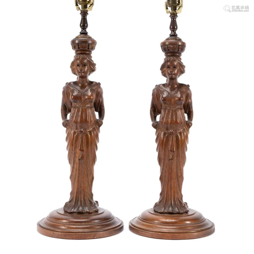 PAIR CARVED WOOD CARYATID FIGURAL TABLE LAMPS