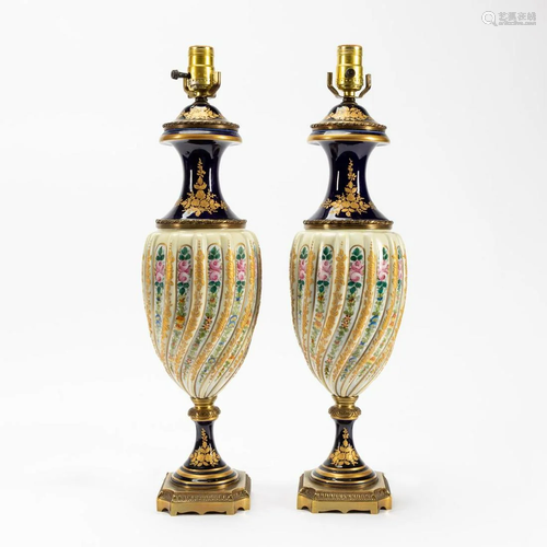 PAIR, SEVRES STYLE COBALT FLORAL URN TABLE LAMPS