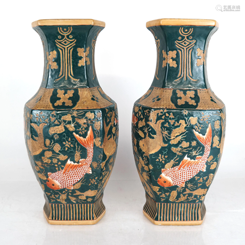 Pair of Chinese Fish Decorated Porcelain Vases