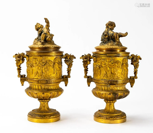 PAIR, 19TH C. BRONZE DORE BACCHANALIAN LIDDED URNS