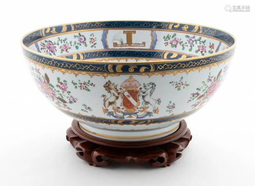 LARGE FRENCH ARMORIAL PORCELAIN PUNCH BOWL & STAND