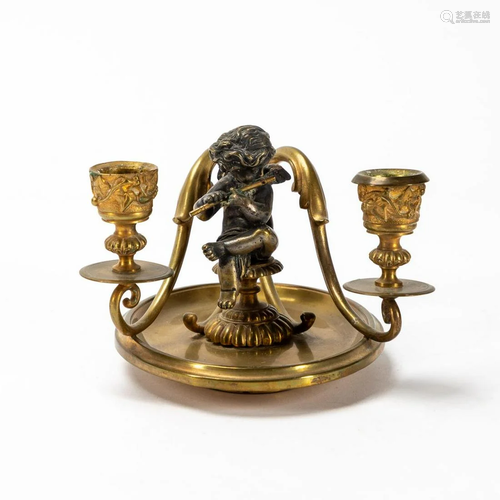 BRONZE TWO LIGHT CHAMBERSTICK WITH CHERUB