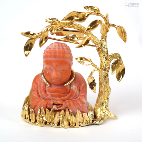 18K Gold & Coral Buddha Pendant / Charm