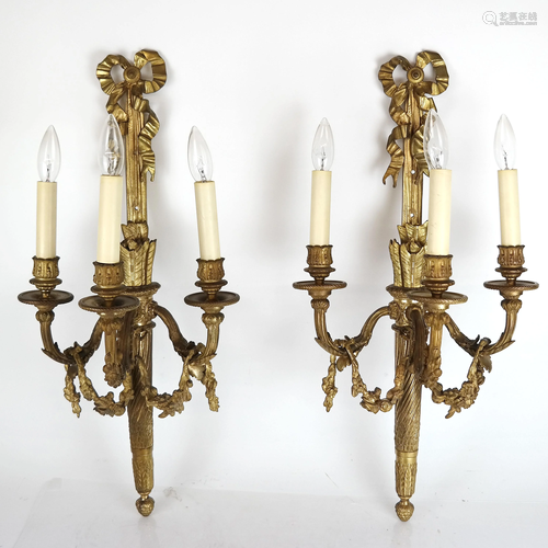 Pair French Bronze Louis XV-Style Wall Sconces