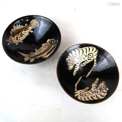 Pair of JiZhou Kilns Black-Glazed Bowls