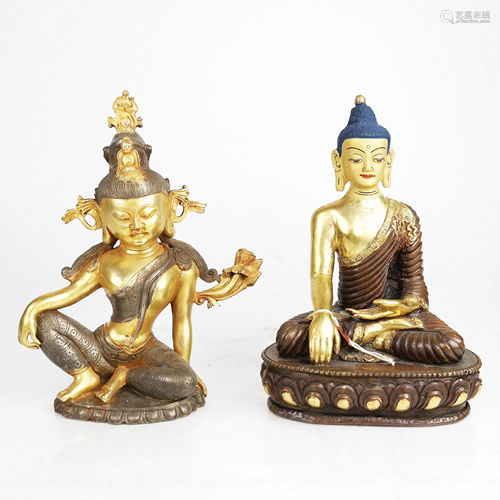 Two Gilt & Painted Bronze Asian Deity Figures