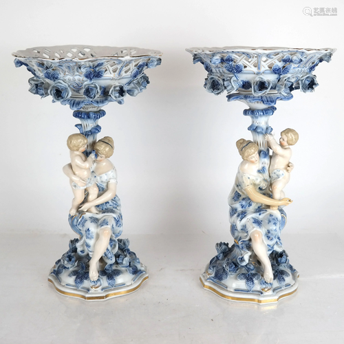 Pair Continental Figural Porcelain Compotes