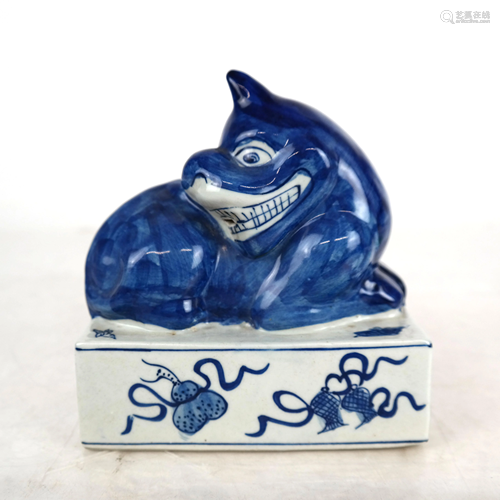 Chinese 19th C. Blue and White Animal Seal