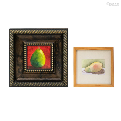 Group of 2 Signed Pear Fruit Motif Paintings