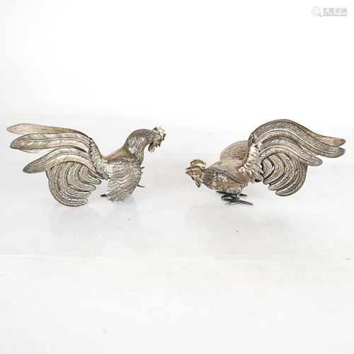 Pair of Camusso Silver Fighting Roosters