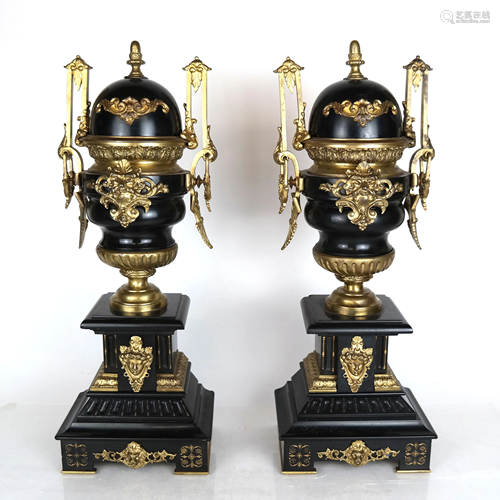 Pair of Ornate 19th C. Bronze & Marble Castolettes