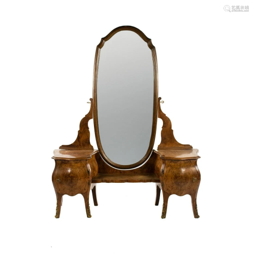 Italian Burlwood Bombe Vanity with Oval Mirror