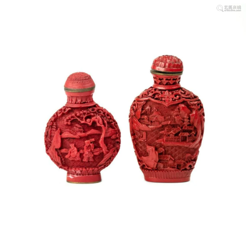 Pair of Chinese Cinnabar Carved Snuff Bottles