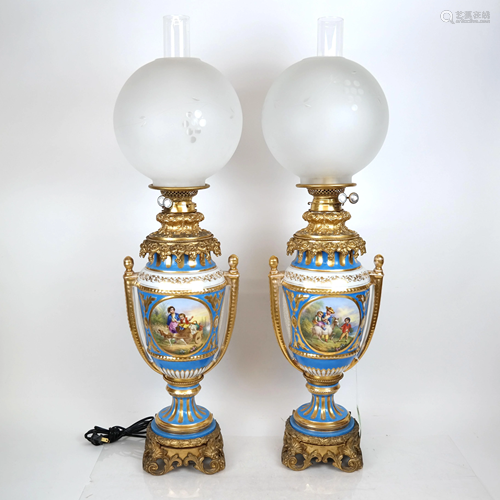 Pair French Porcelain & Bronze Hurricane Lamps