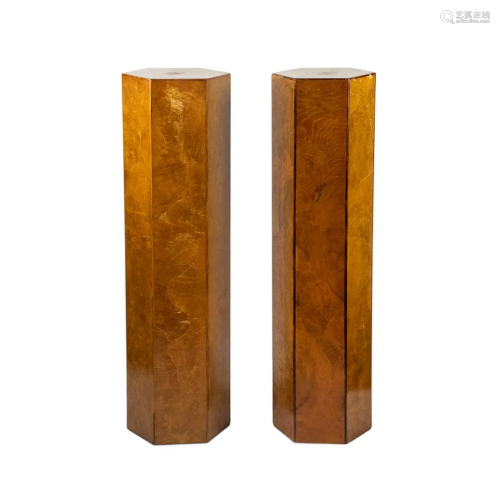 Italian Burl Fruitwood Hexagonal Pedestals - a Pair