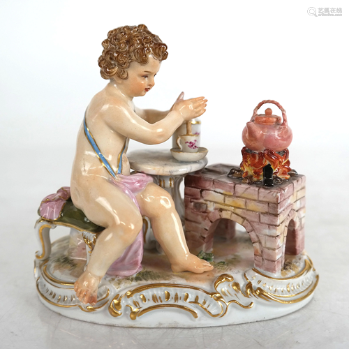 Meissen Sculpture of Cherub at Table