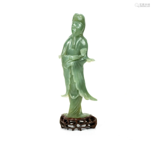 Chinese Carved Jade Kwan Yin Figurine with Rosewood
