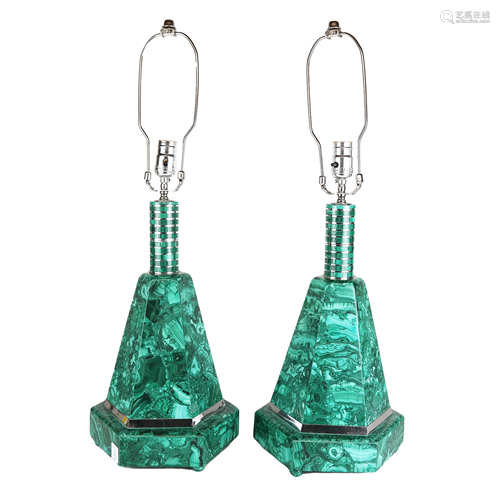 Pair of Malachite Lighthouse Lamps