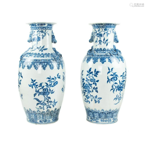 19th C Chinese Ming Style Blue & White Porcelain Vases