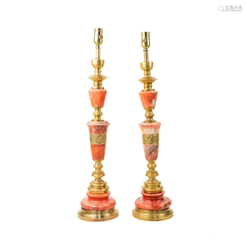 Italian Hollywood Regency Pink Marble & Brass Lamps