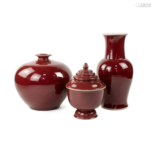 Set of 3 Chinese Oxblood Red Vases and Vessels