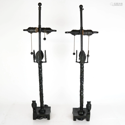 Pair of Diego Giacometti Bronze Owl Table Lamps