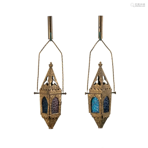 Italian Processional Colored Panel Lanterns - a Pair