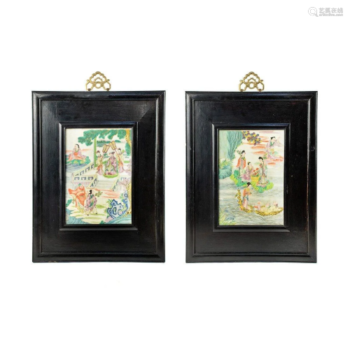 Pair of 19th C Qing Dynasty Painted Porcelain Plaques