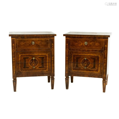 French Style Marquetry Inlay Nightstands - A Pair
