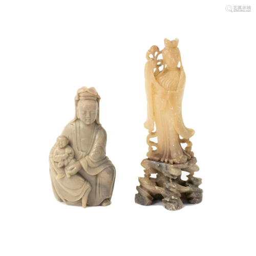 Two Chinese Carved Soapstone Guanyin Figures