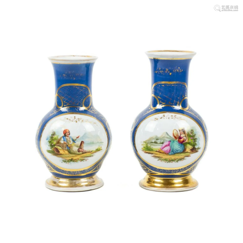 Pair of 19th C. French Cobalt Blue Porcelain Vases