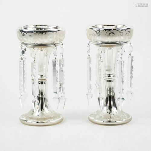 Mercury Glass Luster Candle Holders with Crystal Prisms